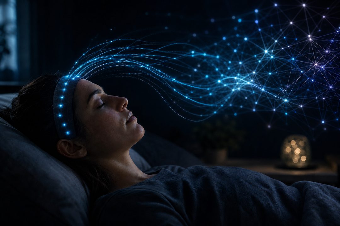 Person sleeping with Dream Weaver headband with a dreamscape rising above
