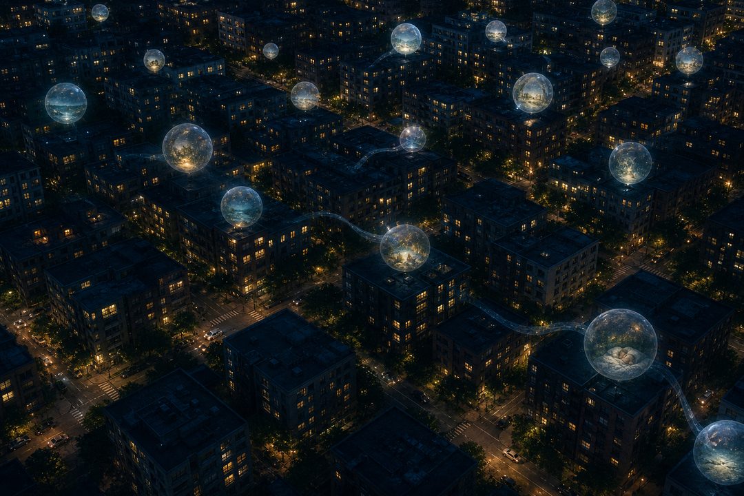 A nighttime city skyline with glowing dream bubbles rising from apartment windows